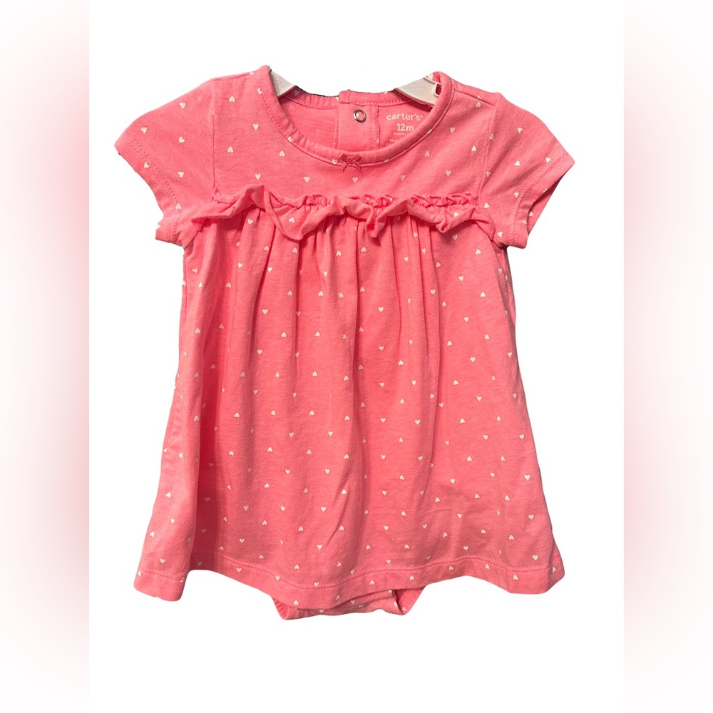 Carter’s Pink And White Heart Print One Piece Dress Bloomer Outfit 12 Months